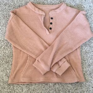 Dusty Pink Cropped Ribbed Henley Sweater